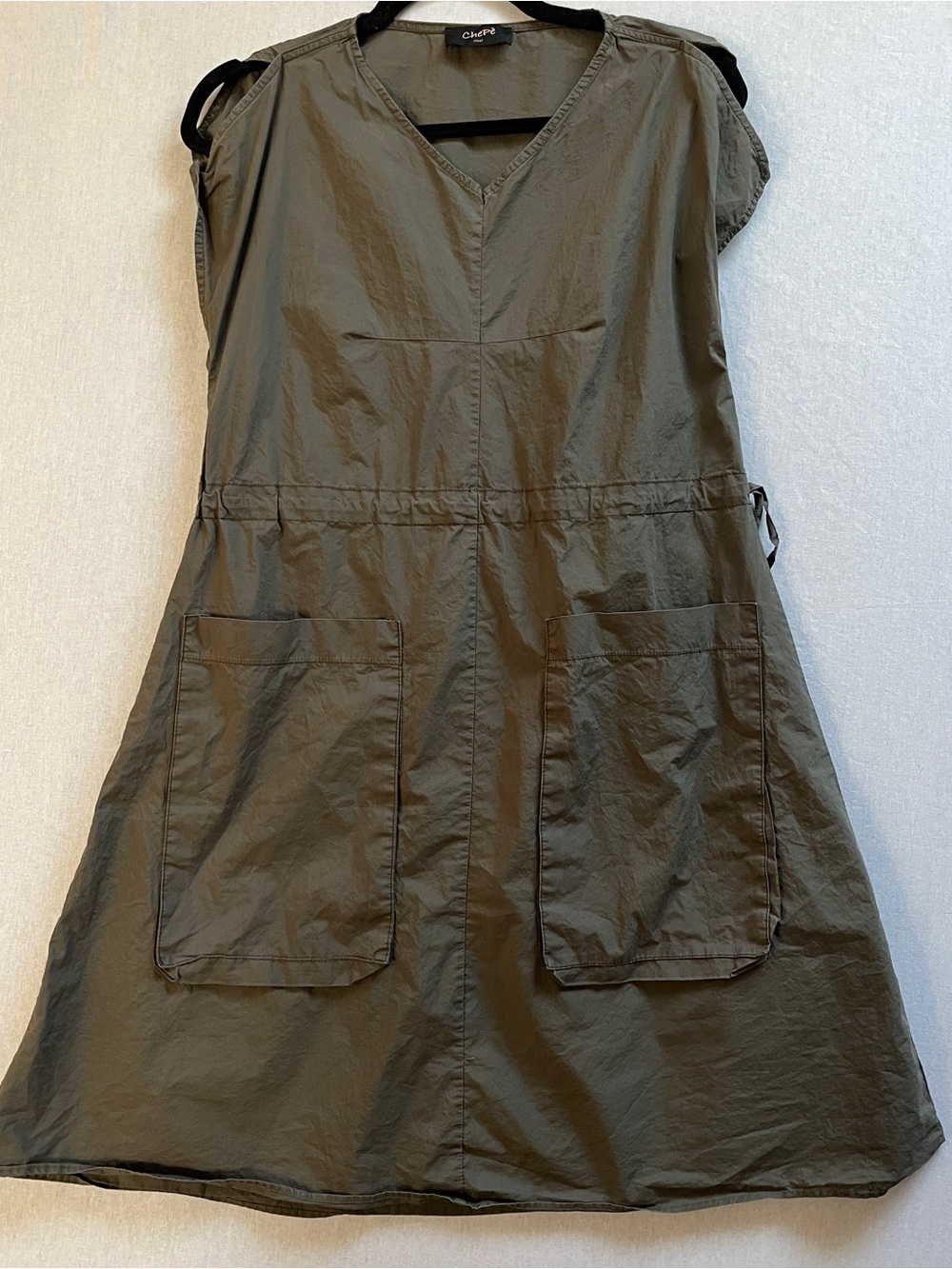 Chepe 100% Cotton Poplin V-Neck Utility Midi Dress Sz M